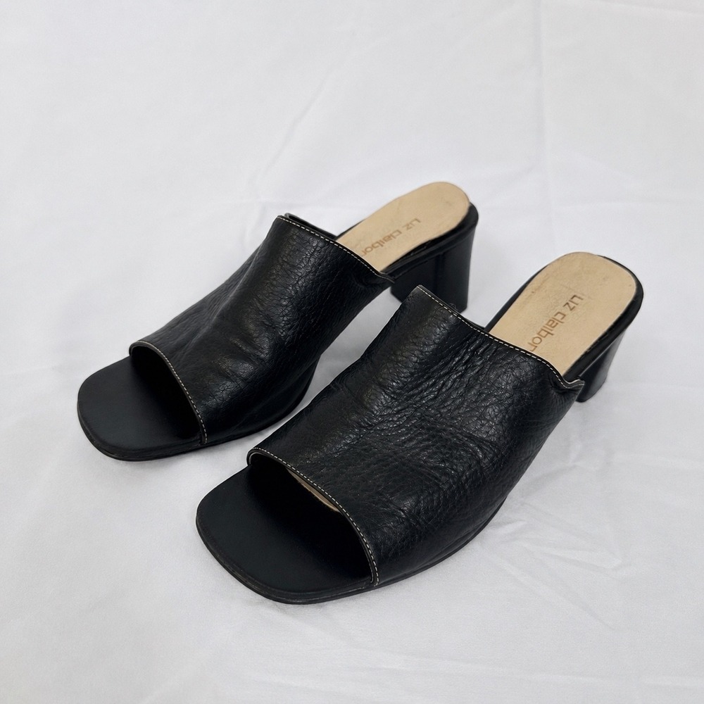Vintage Liz Claiborne Black Leather Square Toe Block Heel Slide Sandals Mule 7.5